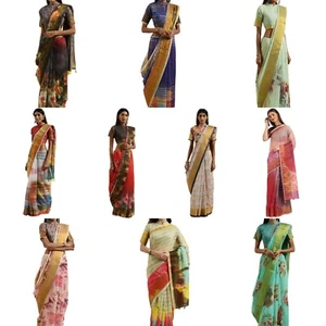 Sari estampado floral de lino para mujer con pieza blusa sin costuras - Imagen 1 de 61