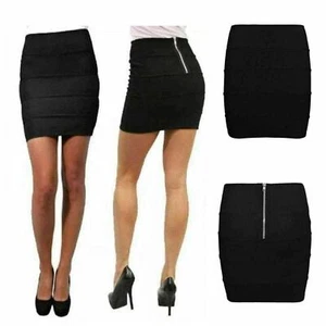 Women Ladies Ribbed Panel Zip Back Plain Bodycon Stretch Mini Bandage Skirt 8-16 - Picture 1 of 4