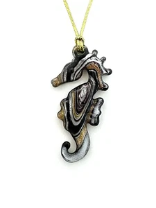 Lampwork Art Glass Sea Horse Pendant/Ornament, 2.5" H x 1.3" W w/Gold Cord - Picture 1 of 1