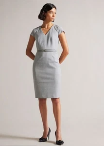 Vestido Ted Baker MICHAHD Texturizado Peplum Midi Gris Claro Talla 2 Mediano Nuevo con Etiquetas $315 - Imagen 1 de 10