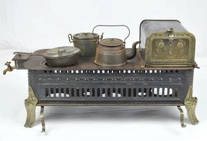 ANTIQUE c1890 GERMAN TIN STOVE FITTED POT, KETTLE, PAN - BAKING PAN WARMING OVEN - Picture 1 of 10