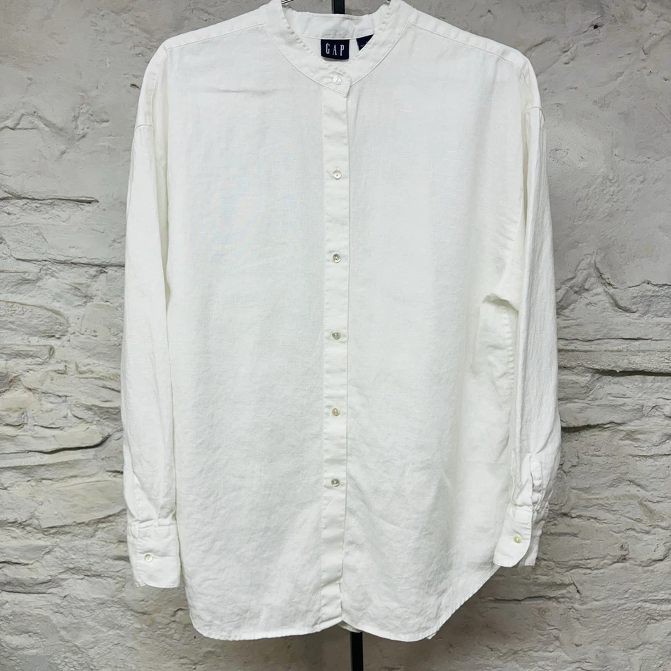 Camisa de lino con cuello de banda hueca manga larga abotonada vintage retro años 90 Hong Kong Foto 1 de 4