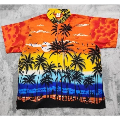 Camisa Rima Vintage Años 90 Para Hombre XL Naranja Azul Puesta de Sol Hawaiana Mangas Cortas Botones Foto 1 de 4