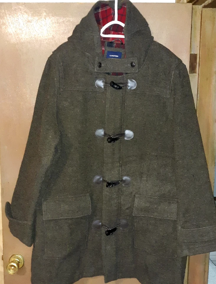 Lands End Mens Wool Hooded Duffle Coat Plaid Lined  XL Green/Brown Toggle Zip - Image 1 of 4