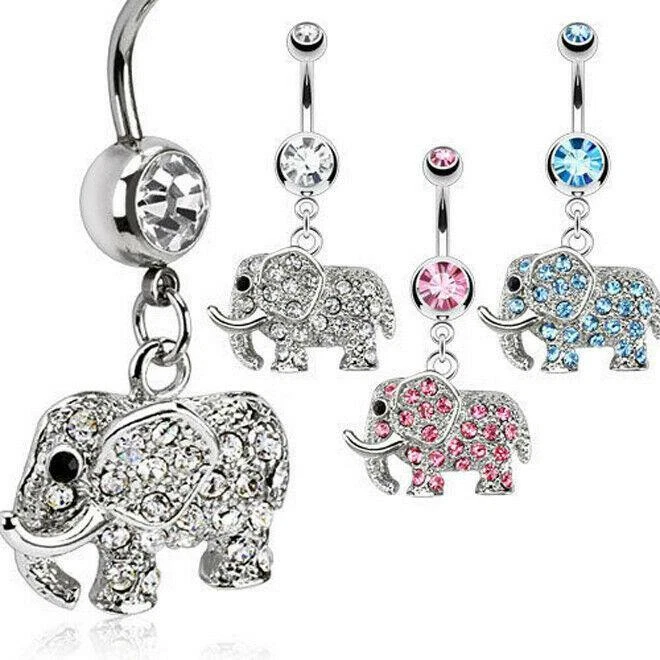 Belly Bar Con Gemma Elefante Pendente Navel Ring Piercing In Acciaio Chirurgico - Immagine 1 di 1