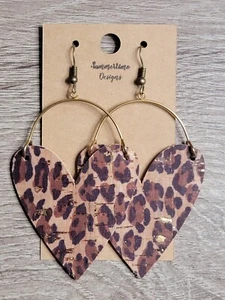 GENUINE Leather Backed Cork Heart Earrings Leopard w/ Gold Flake 3.5" - Picture 1 of 1