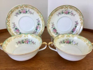 Noritake DELTA Cream Bouillon Soup Bowls Set of 2 w Underplate Blue Rim Florals  - Picture 1 of 12