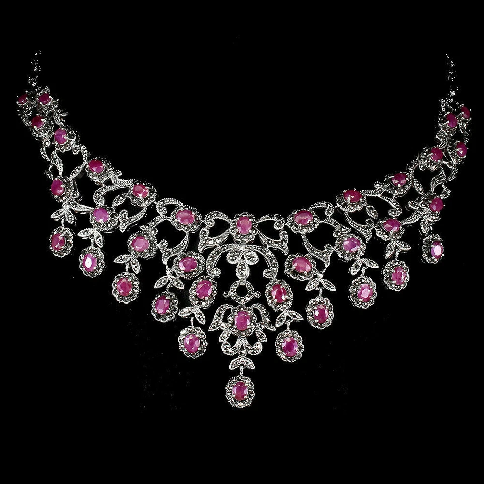 NATURAL RUBY, MARCASITE 14K GOLD over STERLING SILVER 925 NECKLACE 18" - Image 1 of 4