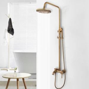 8” Antique Brass Shower Faucet Set Rainfall Round Head Mixer Tap Hand Held Spray - Picture 1 of 12