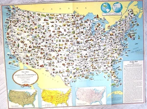 Carte Illustrée des ETATS-UNIS D'AMERIQUE vers 1955 produits ressources voies .. - Foto 1 di 2