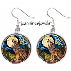 Wolf EARRINGS Full Moon FAUX Stained Glass Art Print Silver Charm Dangle