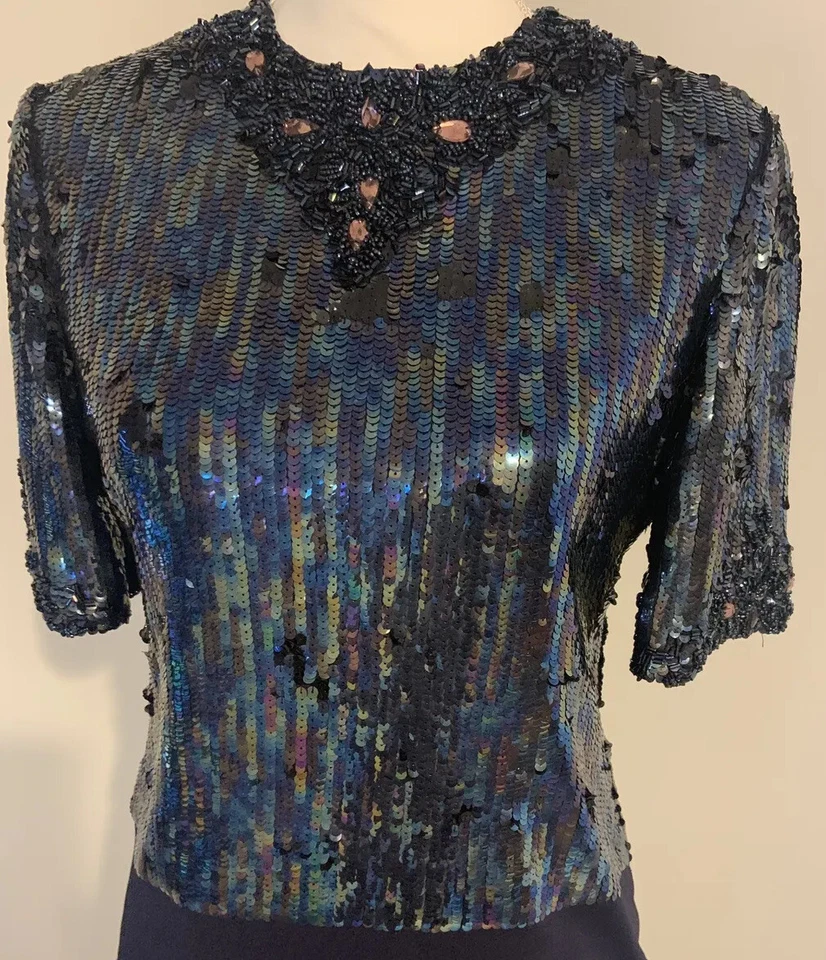 Precioso Top Bill Blass Lentejuelas Negro y Azul - Talla 10 Foto 1 de 4