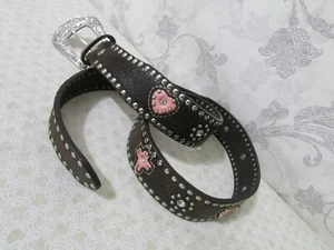 Nocona Brown Distressed Leather Rhinestones Pink Hearts & Crosses Belt Size 26 - Picture 1 of 12