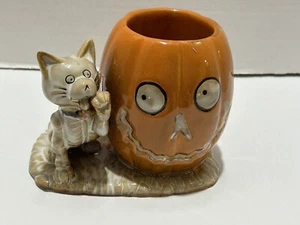 Yankee Boney Bunch Halloween Skelton Cat Pumpkin Votive Candle Holder Ceramic - Picture 1 of 7