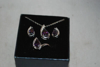 Nuevo conjunto de pendientes de resina de amatista simulada y colgante y anillo plateado tamaño Foto 1 de 4