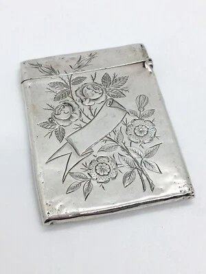 Estuche para tarjetas antiguo ornamentado de plata de ley maciza - movimiento estético / floral Foto 1 de 4