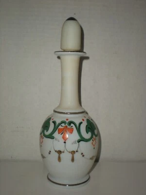 ANTIQUE FRENCH OPALINE WHITE ENCRUSTED GOLD 8 1/2" DRESSER BOTTLE & STOPPER - Image 1 of 4
