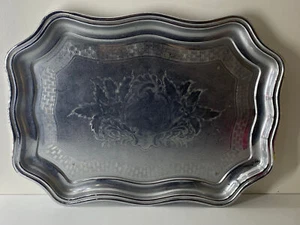 Vintage/Retro Ornate Bevelled Edge Silver Metal Serving Tray with Floral Motif - Picture 1 of 8