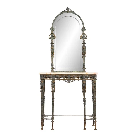 Antique Neoclassical Bronze Marble Top Console With Mirror Cover