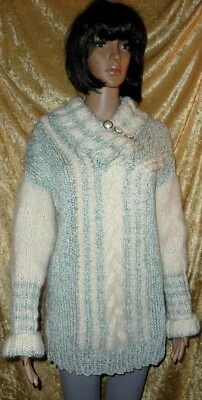 PULLOVER MOHAIR SCHURWOLLE HANDGESTRICKT in Mint Weiß 44 HAND KNITTED JUMPER XXL - Bild 1 von 4