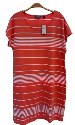 Vestido de algodão Lands' End feminino laranja branco listrado manga curta médio - Imagem 1 de 3