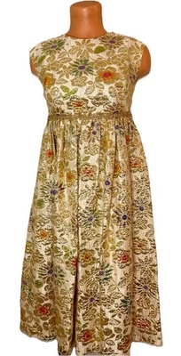 Vtg 50s 60s Gold Brocade Floral Flowers Cocktail Party Dress XS Metallic MIDI - Image 1 of 4
