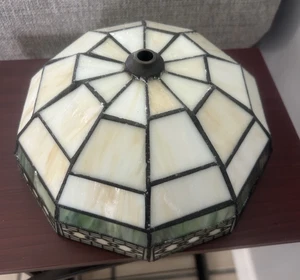 Vintage Tiffany Stil Buntglas Lampenschirm, Spektrum Glas 8,25", Elfenbein & Grün - Bild 1 von 12