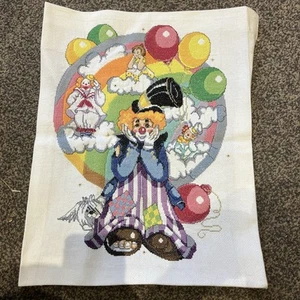 VINTAGE COMPLETED CROSS STITCH " CLOWN 36cm X46cm - Picture 1 of 6
