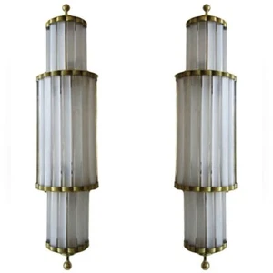 Pair Antique Vintage Art Deco Frosted Brass Glass Ship Light Wall Sconces Lamp - Picture 1 of 4