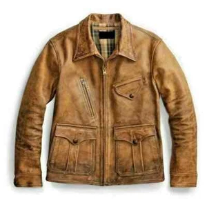 Men 1920's Newboy Vintage Look Distressed Tan Real Leather Jacket - Picture 1 of 4