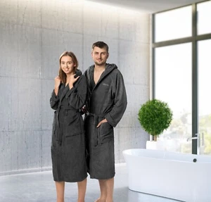 Biberna Unisex Bademantel "Meike" Velours mit Kapuze Morgenmantel 100% Baumwolle - Bild 1 von 18