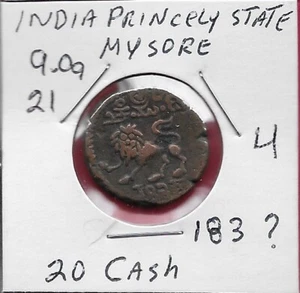 INDIA PRINCELY STATES MYSORE 20 CASH 183? SARDULA (MYTHICAL LION)STRUCK AT THE - Imagen 1 de 2