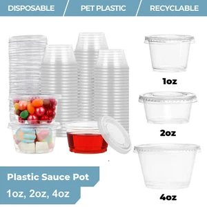 Round Food Containers Deli Sauce Dip Pots Plastic Clear Tubs with Lids 1oz-4oz - Picture 1 of 10