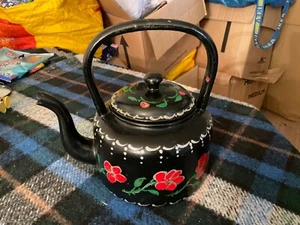 Vintage black floral barge narrowboat medium kettle decorative - Foto 1 di 7
