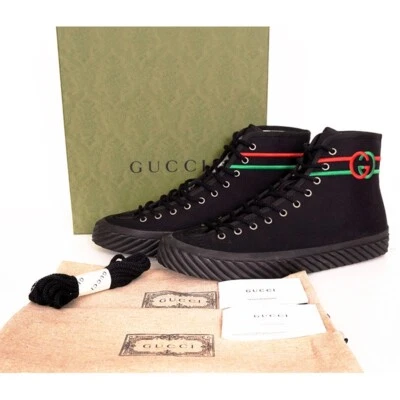 11.5G EE. UU. 12 NUEVAS $750 GUCCI Todo Negro Lona Rojo/Verde GG LOGO ZAPATILLAS de caña alta Foto 1 de 4
