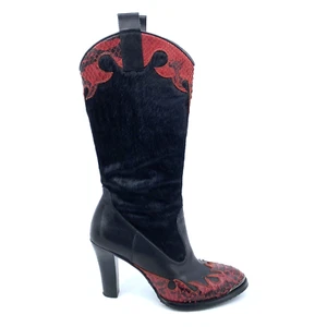Womens 7 Donald J Pliner Angela Black Red Snake & Calf Fur Knee Boots 3.5” Heels - Picture 1 of 14