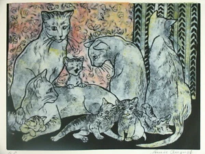 Signed Louise August "Cat Family" Artist Proof AP Serigraph Print - Picture 1 of 6