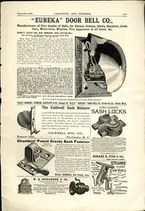 1890 Carpentry Print Ad "EUREKA" DOOR BELL CO. Boston, STEARNS' SAW VISES NY - Picture 1 of 2