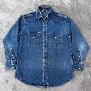 Vintage Carhartt Denim Shirt Mens Large Western Pearl Snap Rugged Workwear 90s - Picture 1 of 14