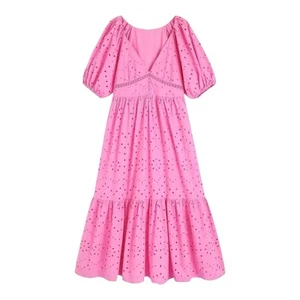 Zara Barbie Pink Tiered Eyelet Prairie Cottage Core Cotton Maxi Dress Size XS - Picture 1 of 12