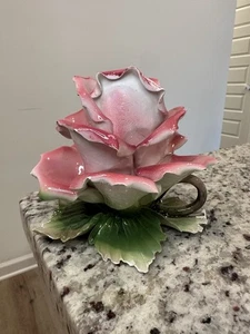 Vintage Italian Taper Candle Holder Capodimonte Pink Rose  - Picture 1 of 7