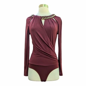 BEBE Bodysuit Burgundy Gold Chain Cutout Embellished Jersey Stretch Petites S/P - Picture 1 of 9