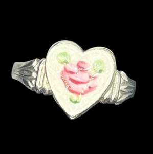 Vintage Guilloche sterling silver Enamel Love Heart Painted Rose ring sz 4 pink - Picture 1 of 18
