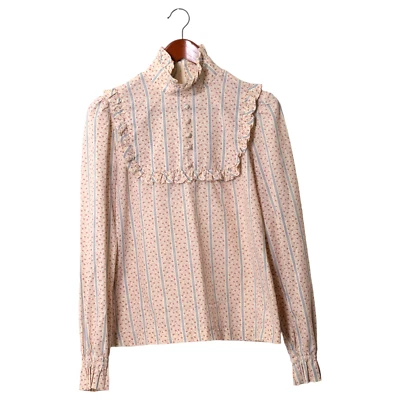 Винтажная крестьянская блузка Oops с цветочным принтом и высоким воротником с оборками размер маленький 70-е кремовая - Изображение 1 из 4