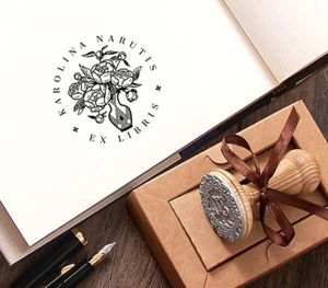 Jarrón de flores de peonías estampilla ex libris personalizada, regalos hechos a mano en caja especial - Imagen 1 de 6