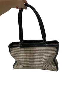 Tusk Womens Beige Black Shoulder Tote Bag Natural Woven Double Handle Large - Picture 1 of 14