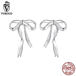 Voroco Fashion 925 Sterling Silver Ribbon Bow Stud Earrings Women Gifts Jewelry - Picture 1 of 15