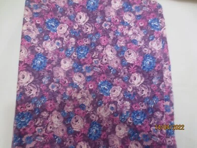 31 x 42 " vintage calico cotton fabric Pinks & blues roses on burgundy - Image 1 of 2