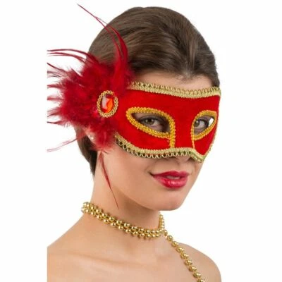 00760-1 MASCHERA ROSSA PLASTICA RIGIDA VELLUTO PIUME E GEMMA CARNEVALE HALLOWEEN - Immagine 1 di 2