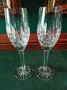 WATERFORD CRYSTAL LISMORE CHAMPAGNE FLUTE GLASSES, PAIR, IRELAND, SIGNED, 8-7/8" - Picture 1 of 16